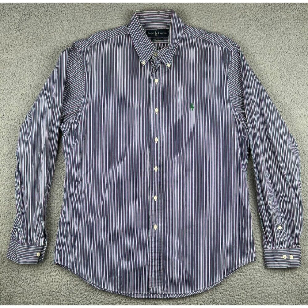 Ralph Lauren Mens Large Long Sleeve Button Down Shirt Purple Striped Custom Fit